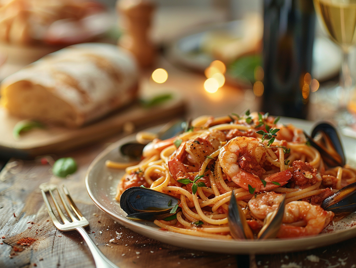 voyage culinaire : pâtes aux fruits de mer à l italienne -  pâtes italiennes  et  fruits de mer