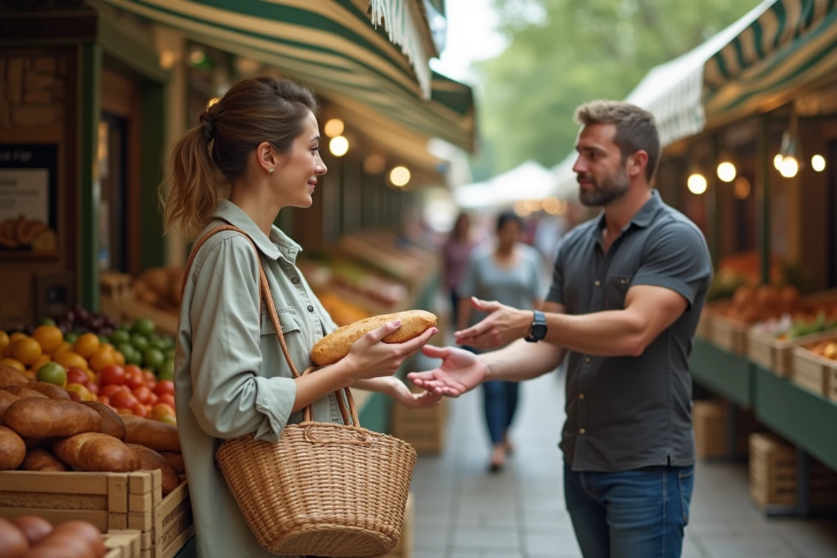 Femme achetant une baguette à un stand de marché en plein air en France