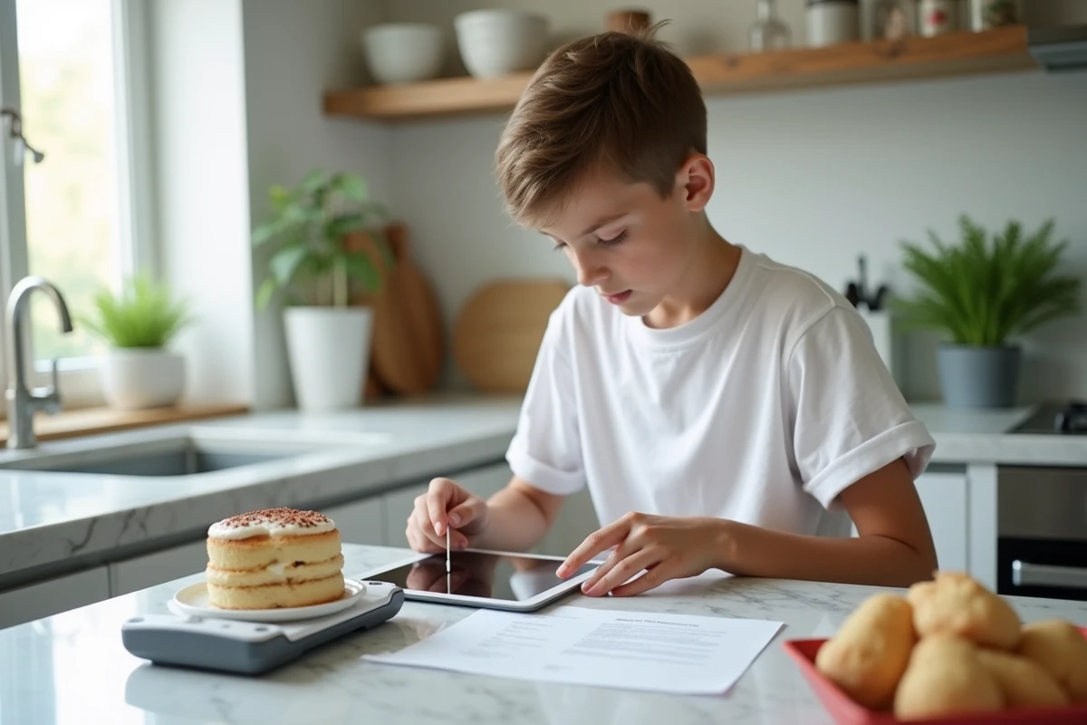 Adolescent utilisant une tablette pour une recette de gâteau
