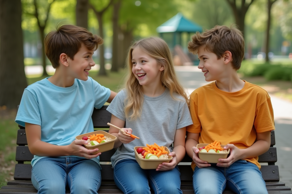 Adolescents partageant des snacks dans un parc en plein air