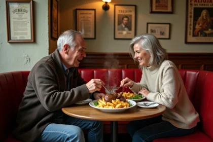 Amis dégustant des rognons de veau dans une brasserie parisienne