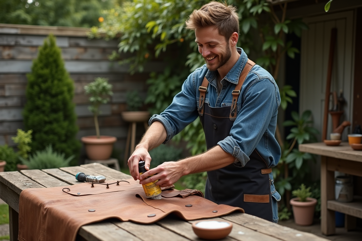 Jeune homme appliquant un conditionneur sur un tablier en cuir extérieur
