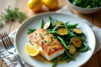 Assiette healthy de poisson blanc avec courgettes rôties et haricots verts sur table en bois