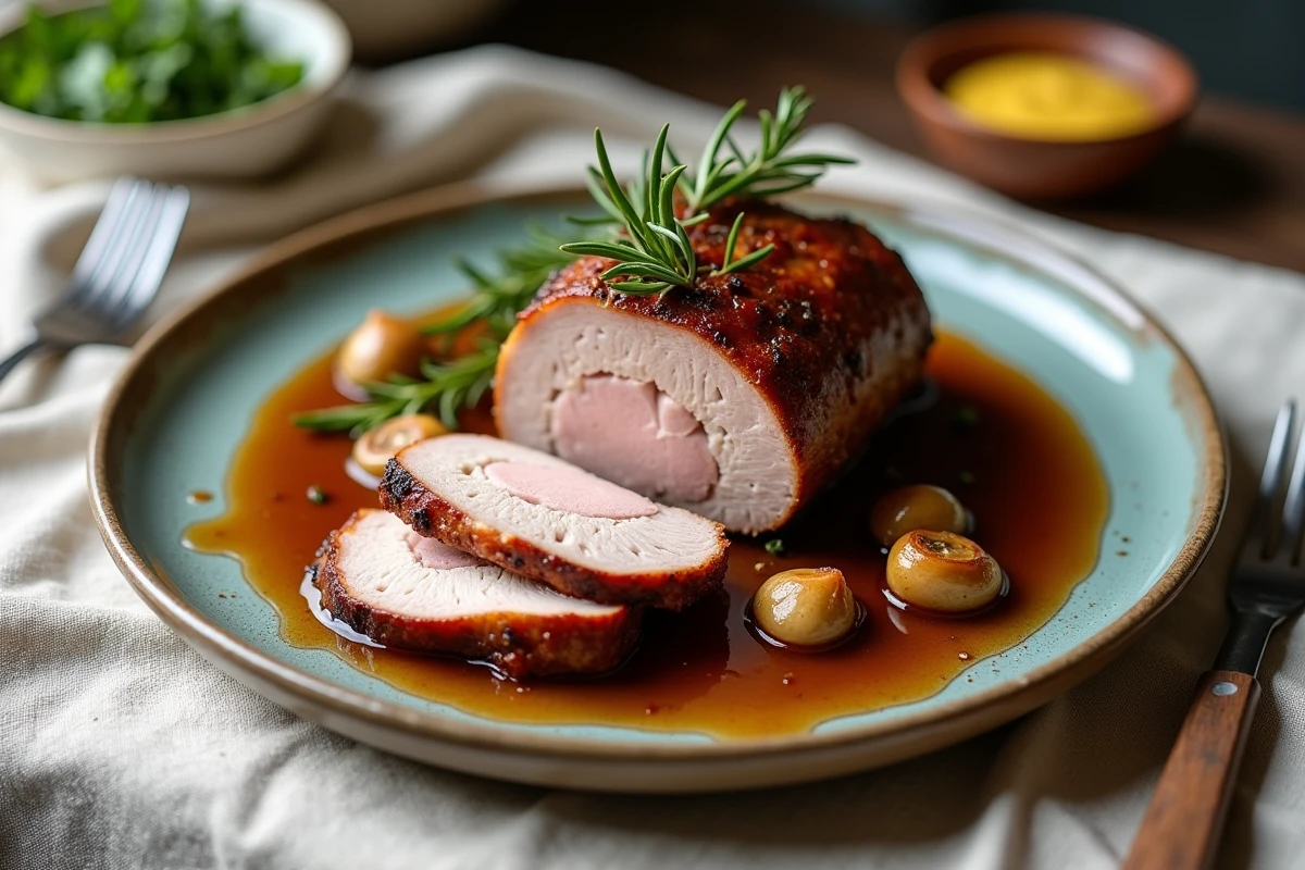 Assiette de rôti de porc en cocotte tranché avec sauce et aromates pour un repas dominical