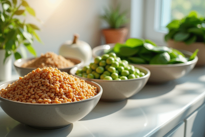 Assortiment de légumes riches en protéines dans des bols lumineux