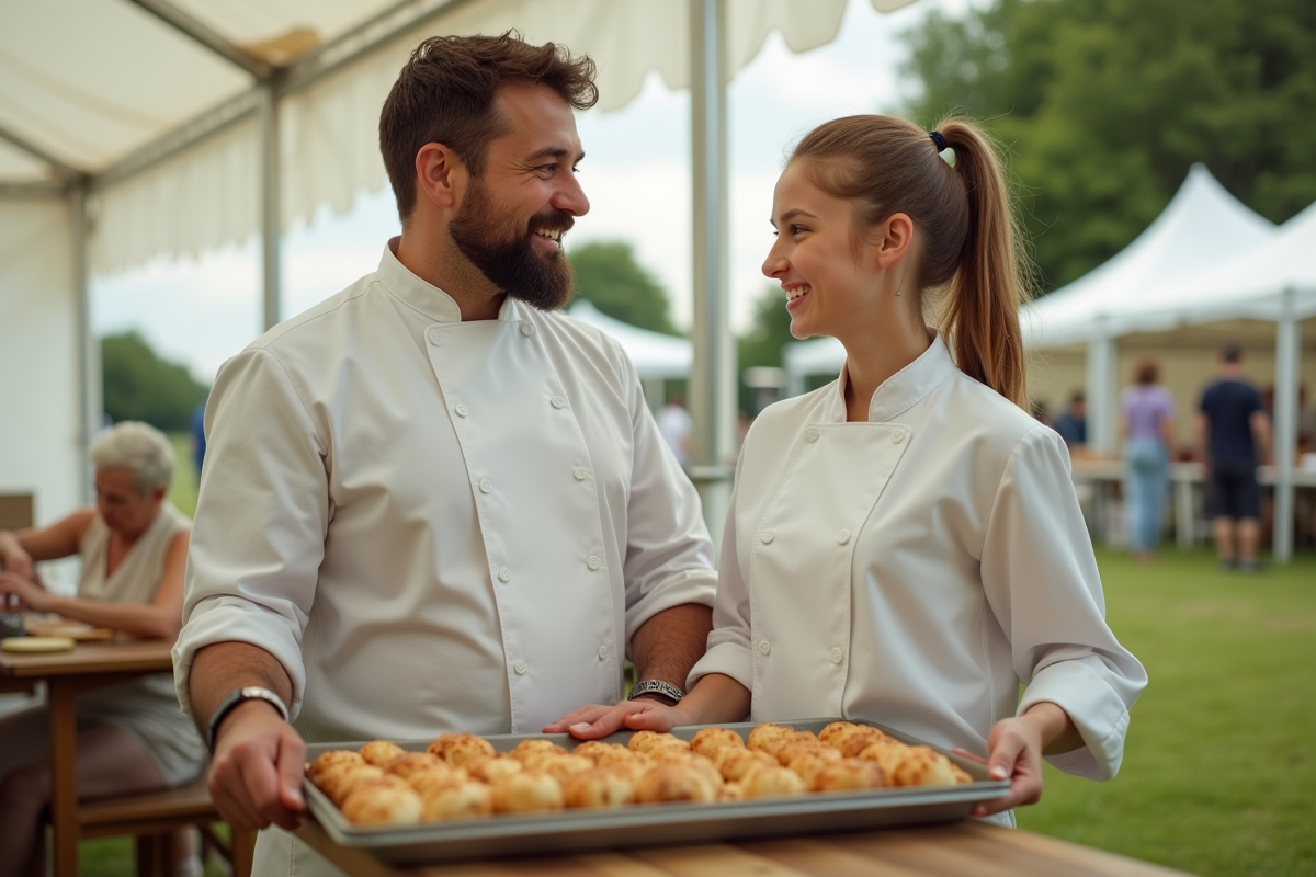 Deux boulangers discutant dans une tente de cuisine