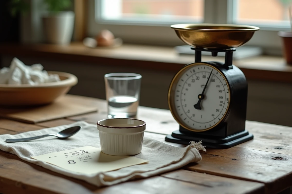 Gros plan d'une balance de cuisine vintage avec un ramequin et une fiche de conversion de centilitres en grammes sur une table en bois