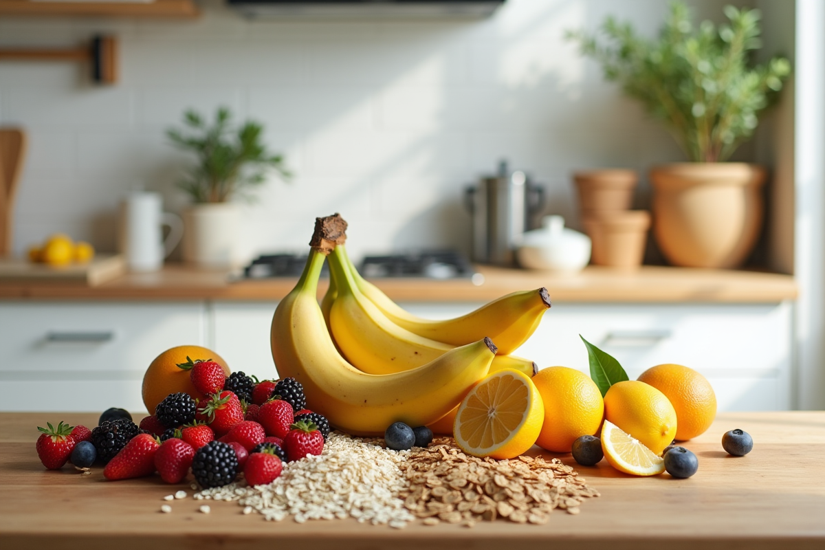Table divisée avec bananes associées à des aliments sains et d
