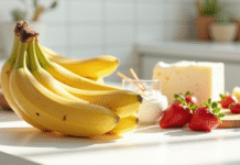 Bananes mûres avec fruits et produits laitiers sur une table lumineuse