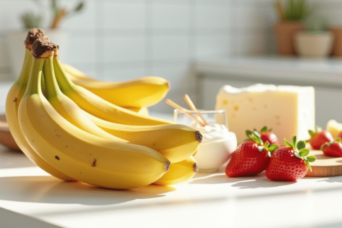 Bananes mûres avec fruits et produits laitiers sur une table lumineuse