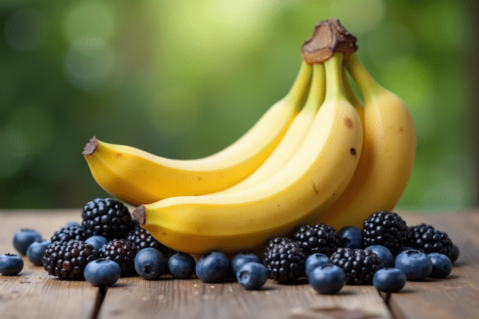 Bananas myrtilles et mures fraîches sur table en lumière naturelle