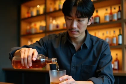 Barman japonais versant un whisky japonais ambré dans un verre lowball en cristal dans un bar minimaliste de Tokyo