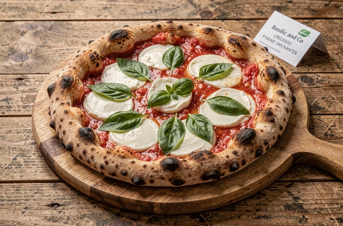 Pizza bio napolitaine de Basilic and Co à Nantes avec mozzarella de bufflonne, basilic frais et sauce tomate San Marzano sur planche en bois