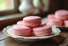 Biscuits roses de Reims sur une assiette vintage en matinée