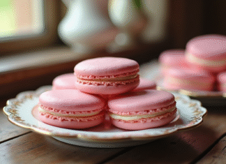 Biscuits roses de Reims sur une assiette vintage en matinée