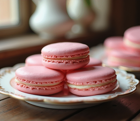 Biscuits roses de Reims sur une assiette vintage en matinée