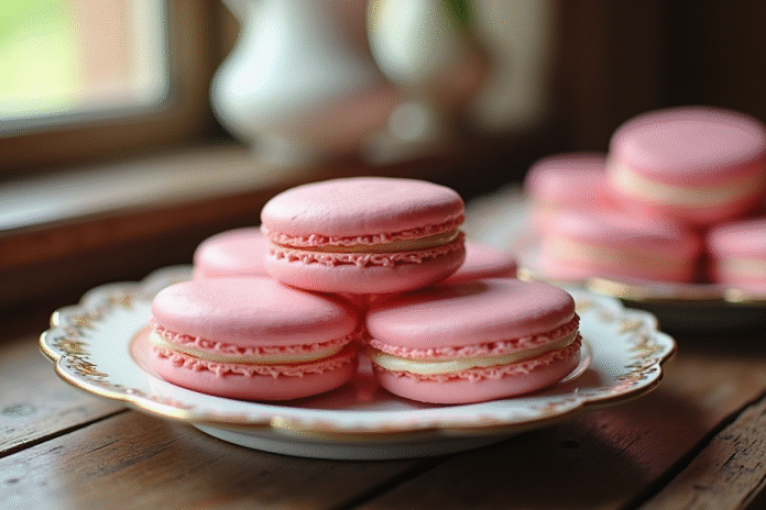 Biscuits roses de Reims sur une assiette vintage en matinée