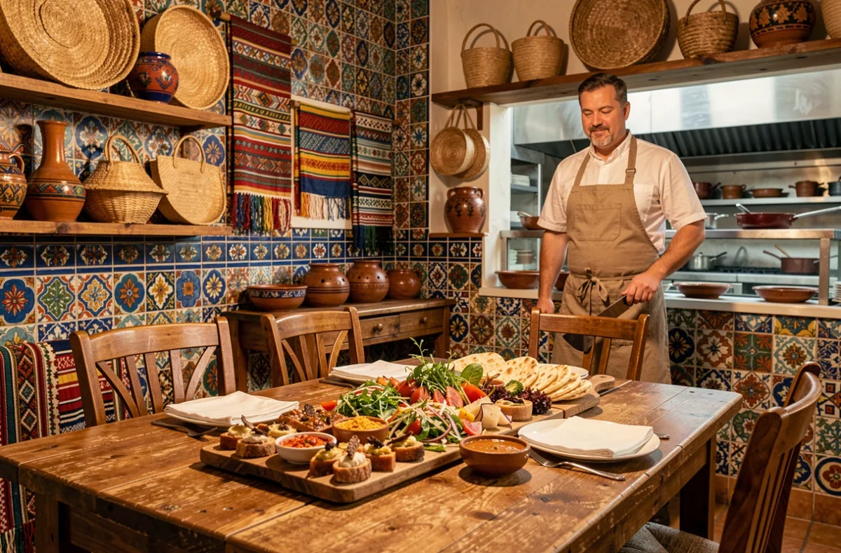 Plateau de cuisine du monde coloré et décoration éclectique du restaurant Bistro Mundo à Sommières