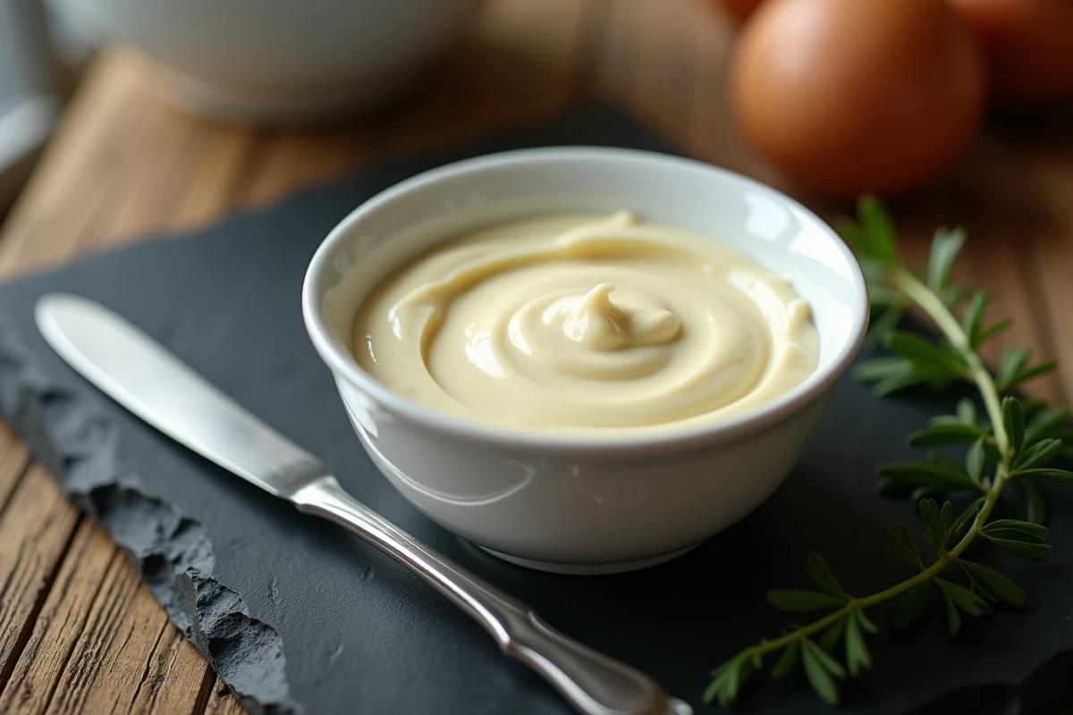 Bol de mayonnaise maison crémeuse et dorée posé sur une ardoise avec une cuillère et des herbes fraîches