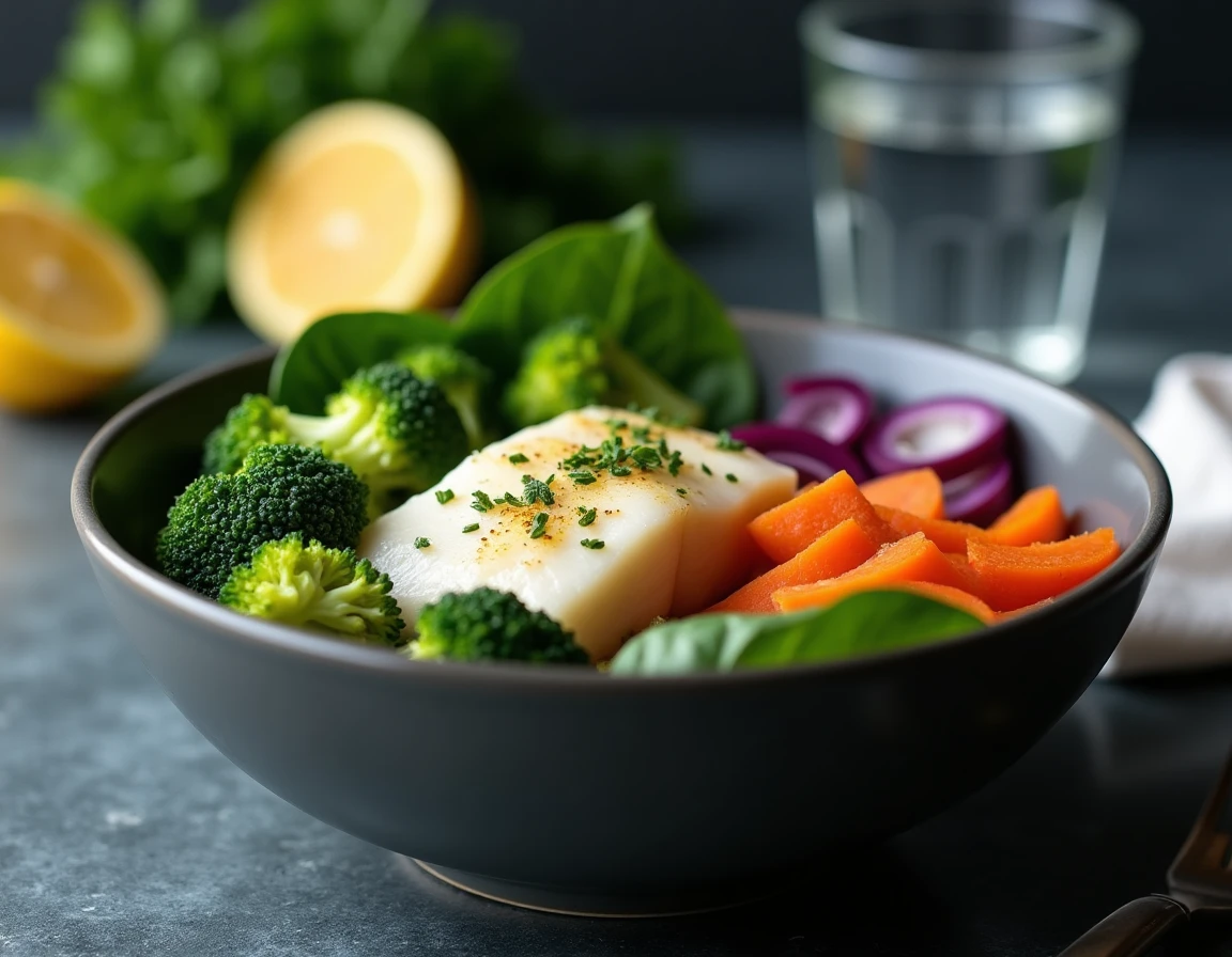 Bol healthy avec poisson blanc poché, brocoli, carottes violettes et épinards frais