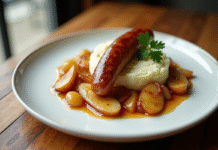 Boudin blanc avec purée et pommes sur une assiette élégante