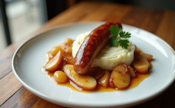 Un accompagnement parfait pour sublimer le boudin blanc Boudin blanc avec purée et pommes sur une assiette élégante