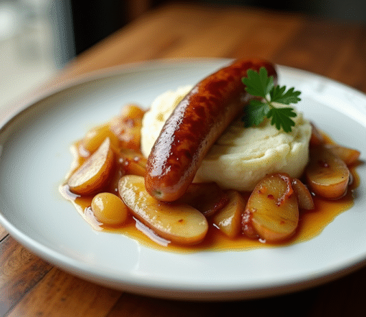 Un accompagnement parfait pour sublimer le boudin blanc Boudin blanc avec purée et pommes sur une assiette élégante