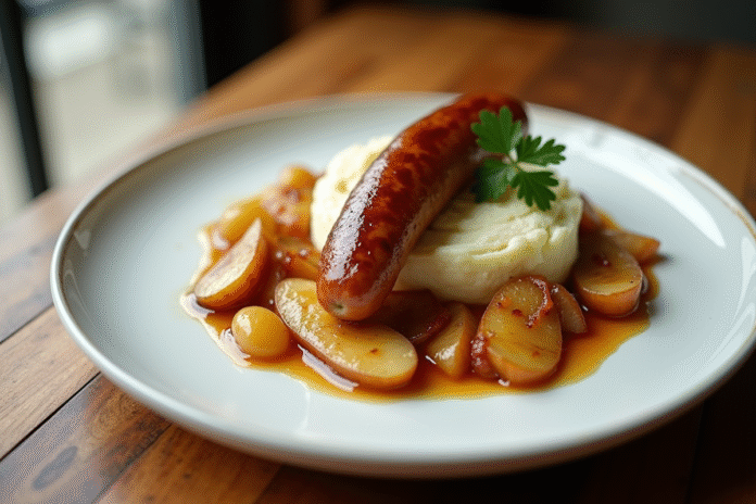 Boudin blanc avec purée et pommes sur une assiette élégante
