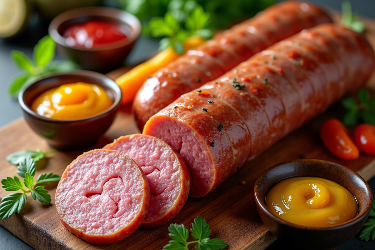 Tranches de boudin blanc sur un plateau avec légumes et herbes