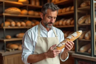 Boulanger artisan tenant une baguette traditionnelle dans sa boulangerie parisienne