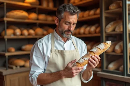 Boulanger artisan tenant une baguette traditionnelle dans sa boulangerie parisienne