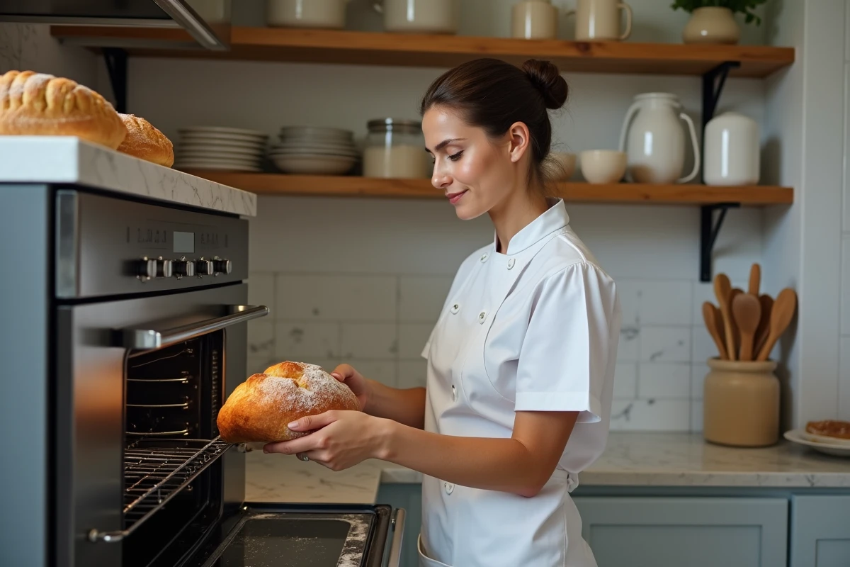 Boulangère enfournant une brioche dorée dans un four réglé à 180 degrés avec affichage numérique visible