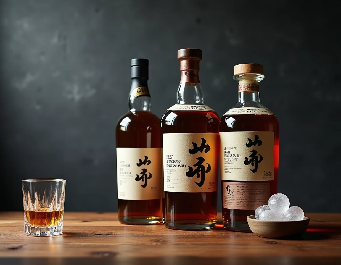 Trois bouteilles de whisky japonais haut de gamme alignées sur un plan en chêne avec un verre en cristal et des sphères de glace