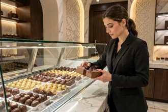 Intérieur d'une boutique de chocolat de luxe à Dubaï avec présentoir en verre et pralines dorées