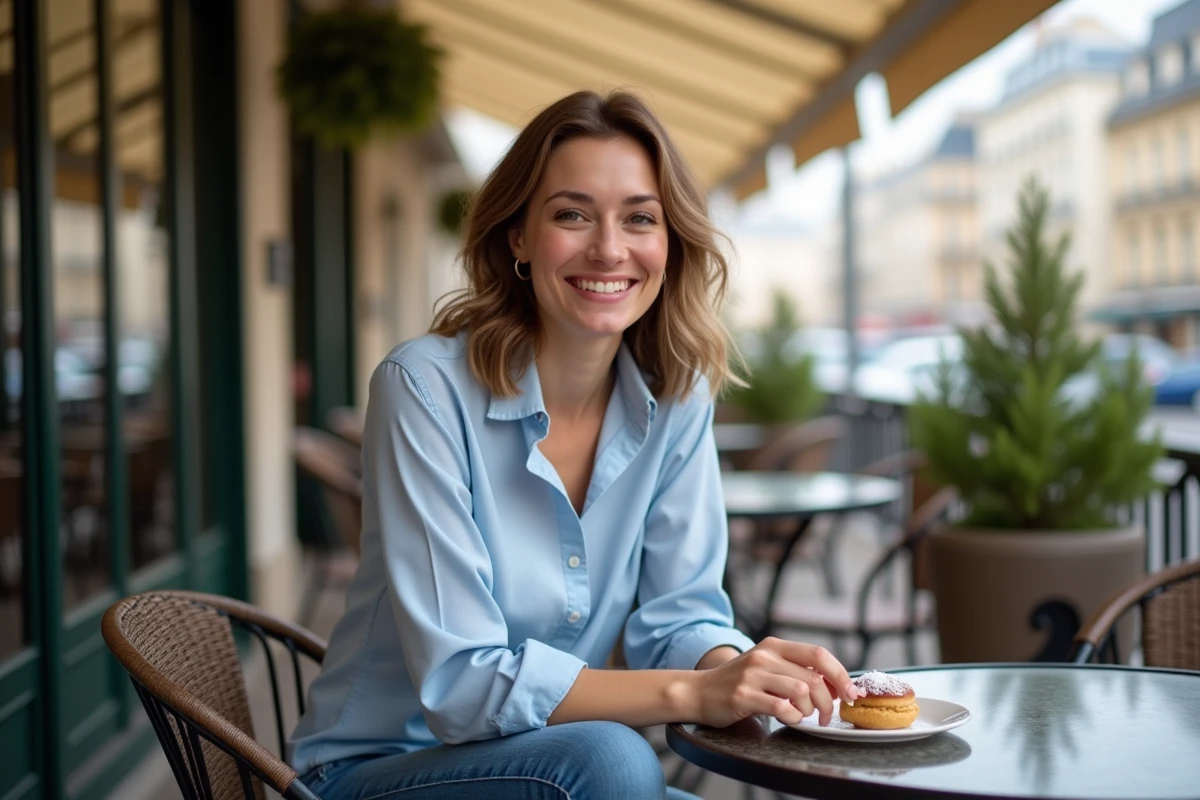 Femme assise au café parisien tenant un éclair dans une ambiance détendue