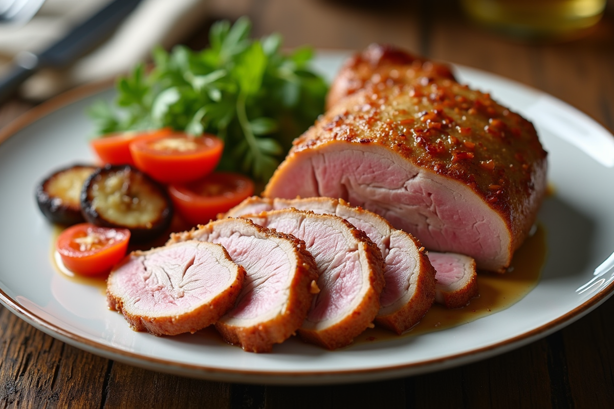 Filets de canard cuits avec peau croustillante sur une assiette avec légumes