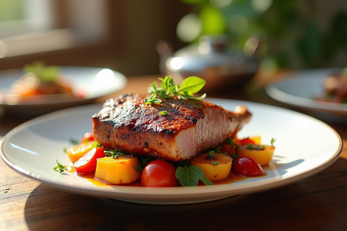 Magret de canard avec légumes rôtis et sauce élégante