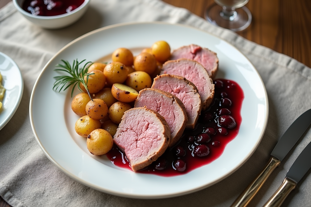 Magret de canard tranché avec pommes de terre et sauce aux fruits
