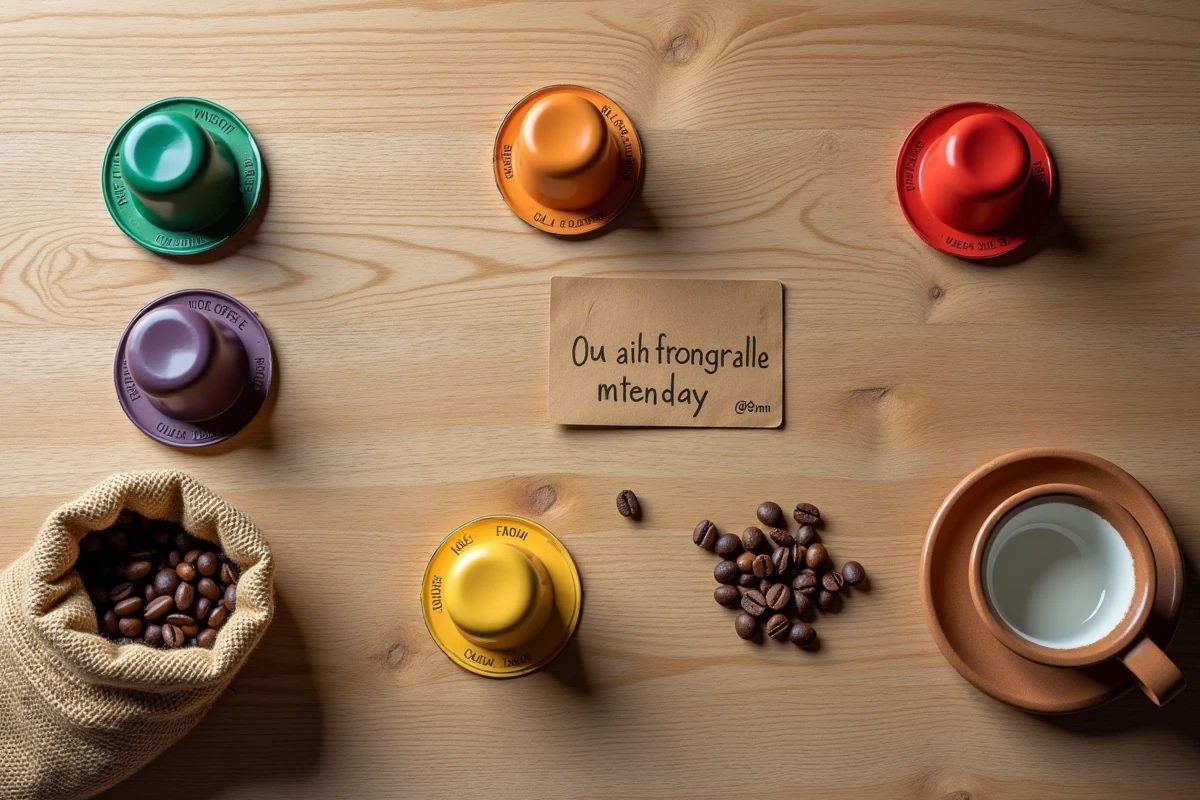 Vue aérienne de capsules de café compatibles Nespresso compostables et éthiques disposées sur une table en bois avec des grains de café torréfiés