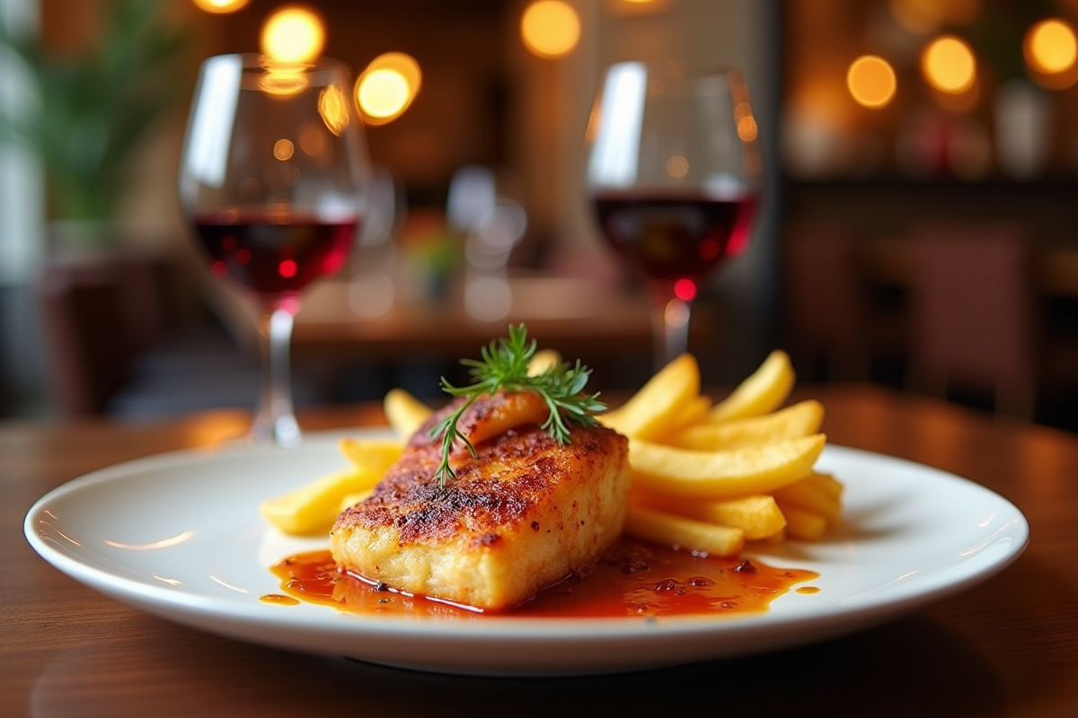 Carbonade flamande élégamment servie avec frites et vin
