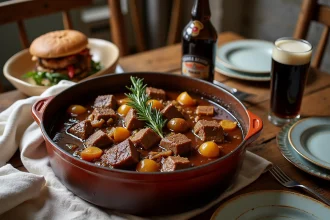 Grande cocotte en céramique de carbonade flamande mijotée servie sur une table de ferme rustique dressée pour huit convives