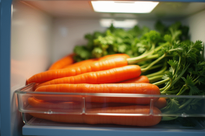 Carottes lavées dans un conteneur dans le frigo lumineux