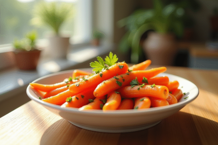 Carottes Vichy glacées dans un bol blanc sur une table en bois