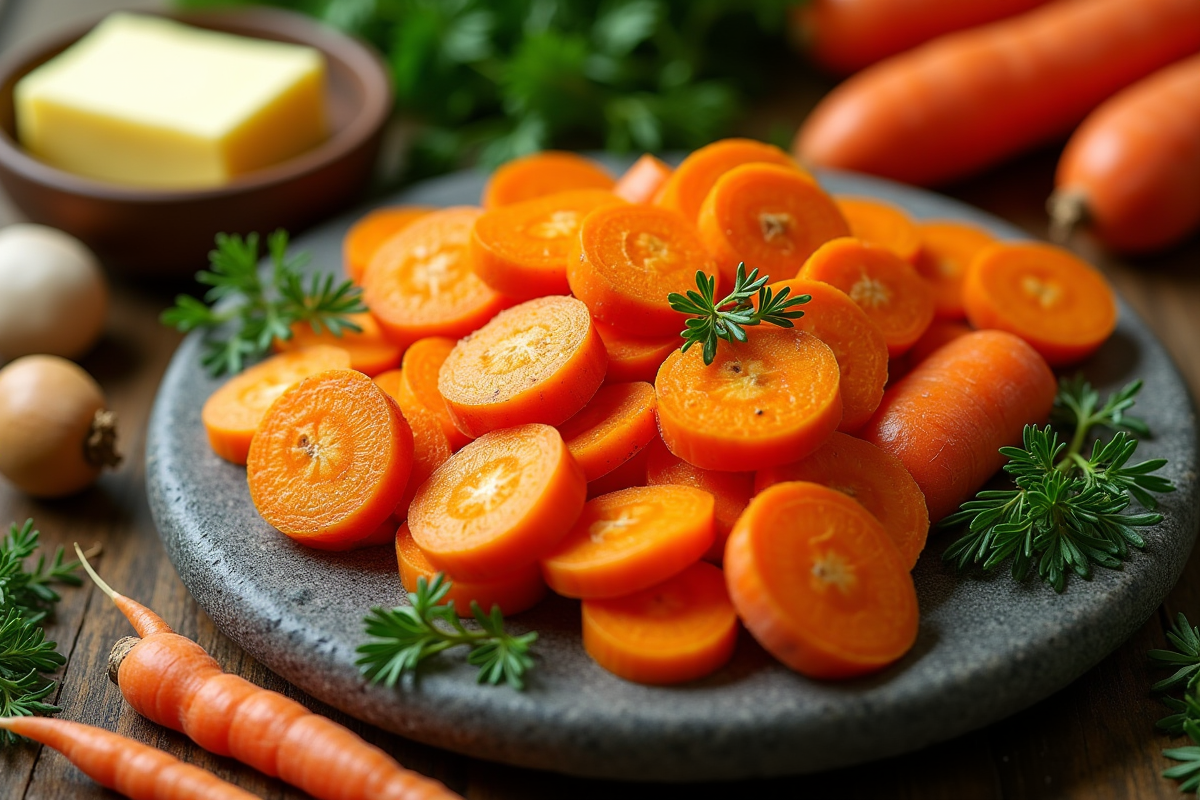 Carottes Vichy tranchées servies sur une assiette en pierre
