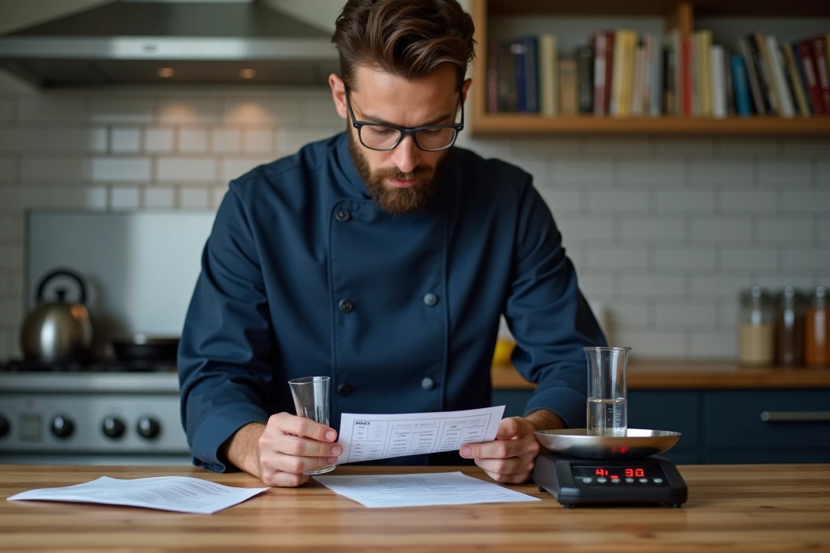 Chef consultant vérifiant la conversion de centilitres en grammes avec une éprouvette graduée et une balance numérique