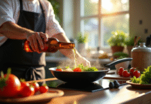 Chef versant une bière IPA dans une poêle avec légumes frais