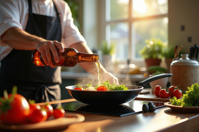 Chef versant une bière IPA dans une poêle avec légumes frais