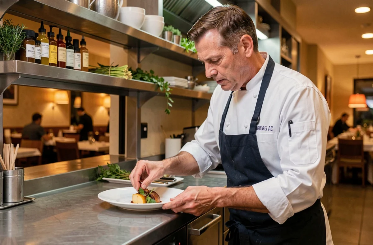Chef cuisinier en tenue blanche dressant un plat gastronomique dans la cuisine ouverte d'un restaurant au lac de Bordeaux lors du service du soir