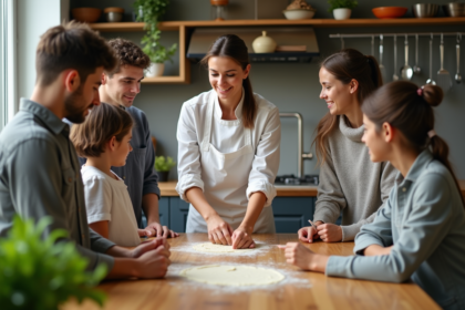 Chef femme en atelier de pâtisserie avec groupe attentif
