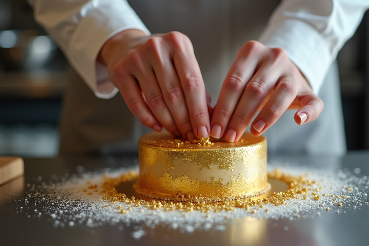 Chef garnissant un gâteau opera avec feuille d or comestible en cuisine moderne